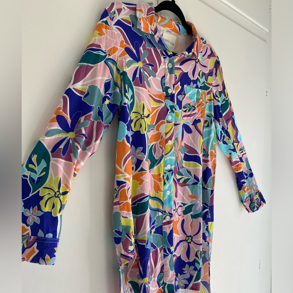 Dakota Blue Vibrant Floral Button-Up Shirt Dress or Swim Coverup Lightweight M